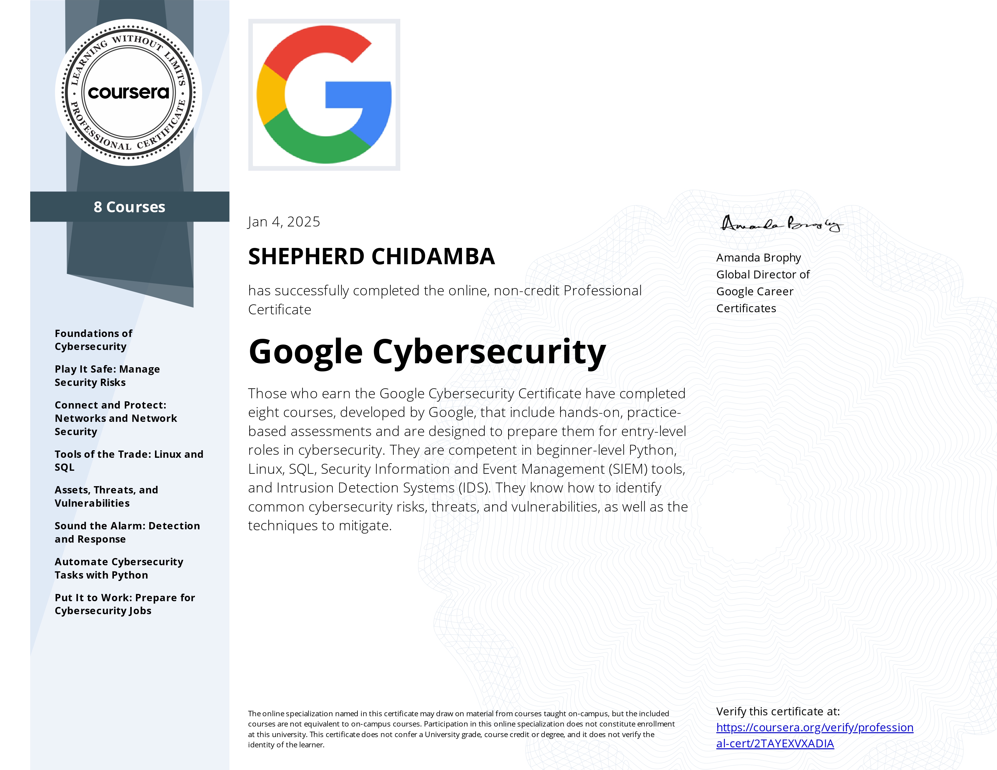 Google Cybersecurity Specialist